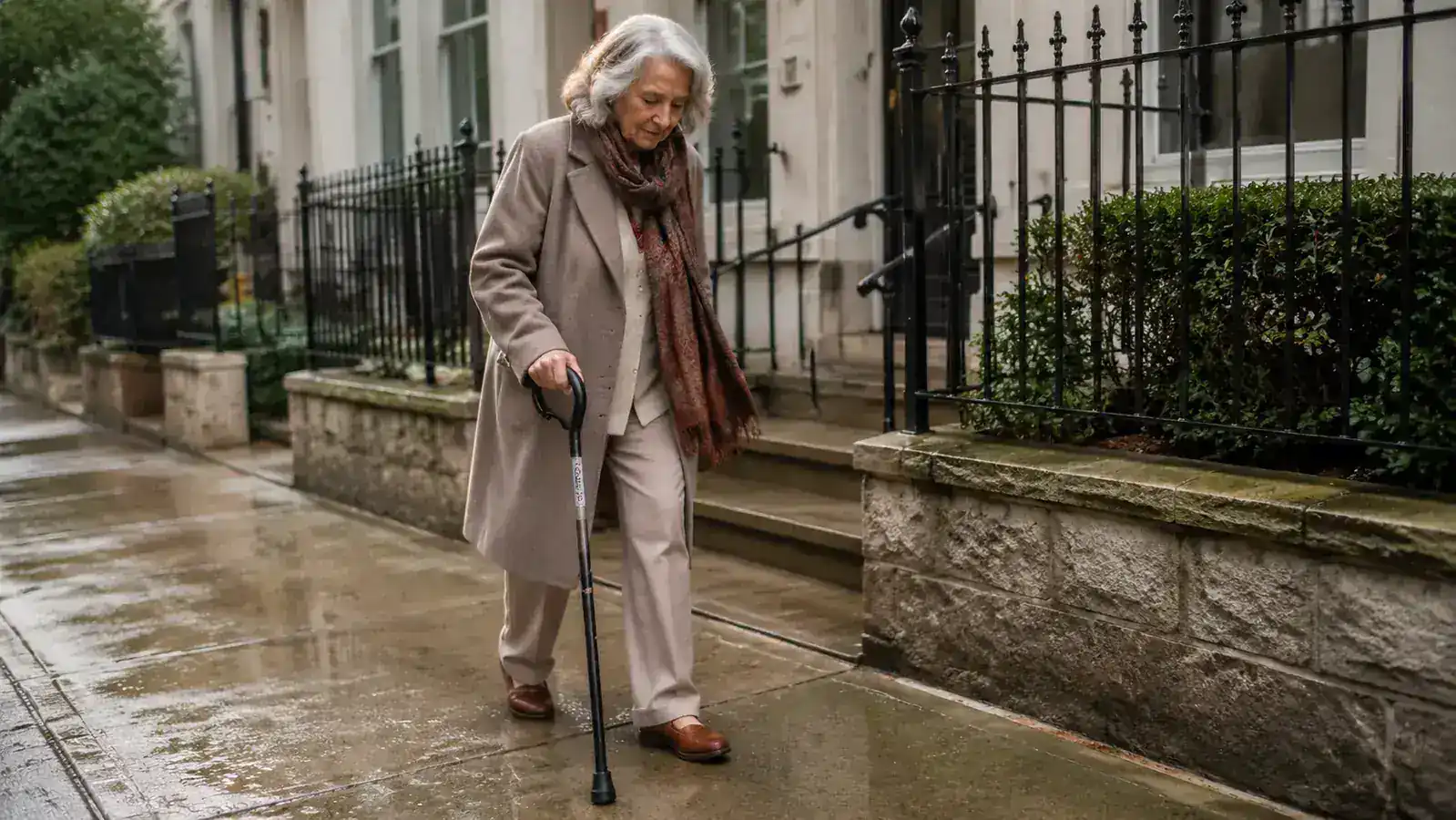 Rubber tip of the NOVA cane shown on a wet sidewalk, illustrating grip on a damp surface